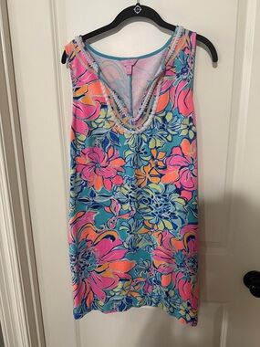 Lilly Pulitzer Sleeveless Beaded V-Neck Floral Mini Dress - Teal, Pink & Orange